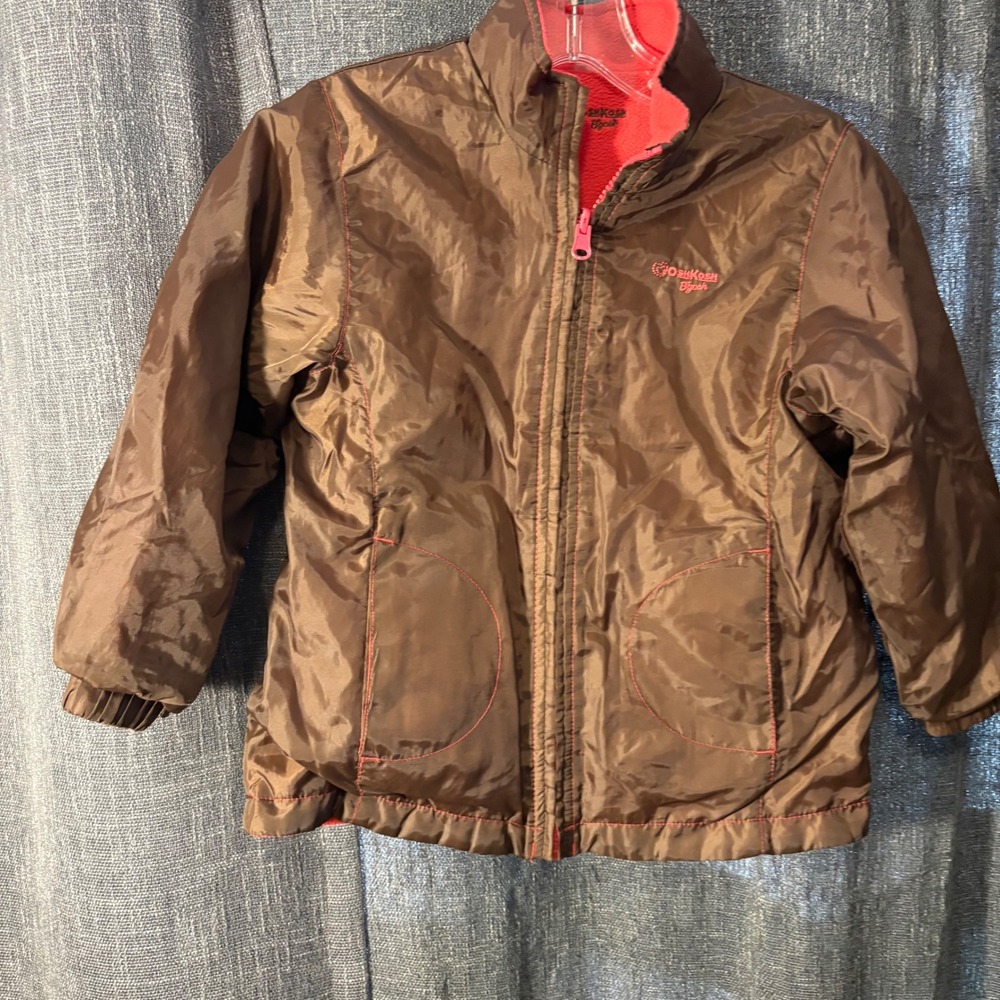 OshKosh B'gosh Reversible Zipper Jacket Pink Brown Fleece Windbreaker (Girls 6x) - Picture 7 of 10